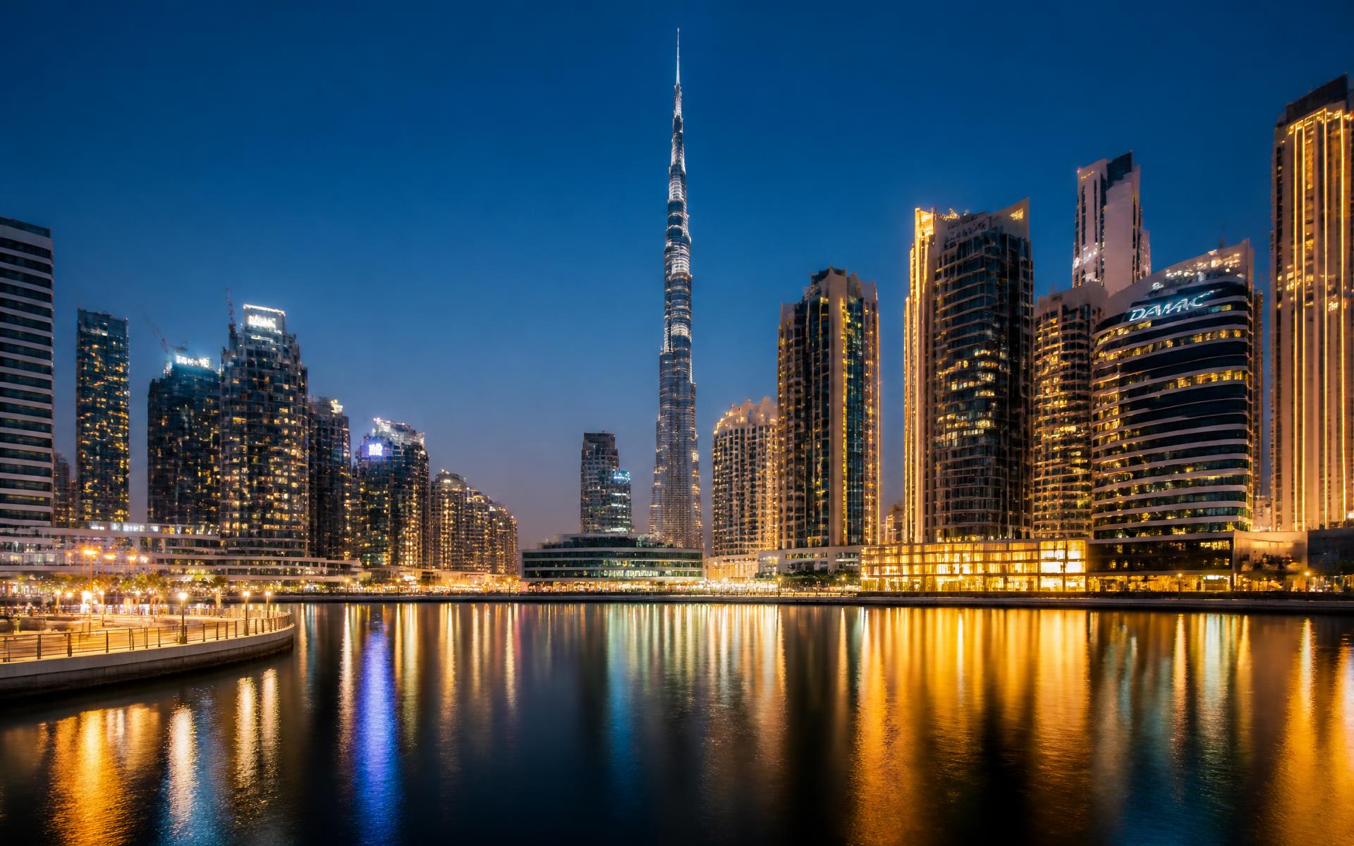 Business Bay and Downtown Dubai skyline at twilight